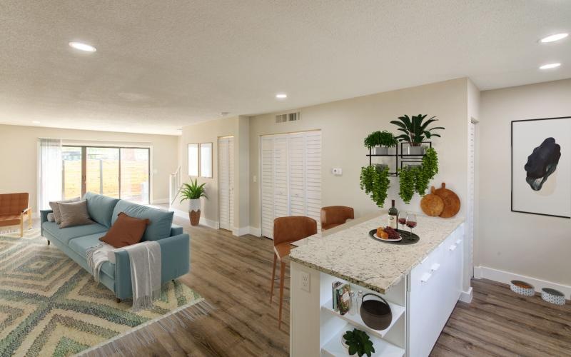 a living room with a couch and a table
